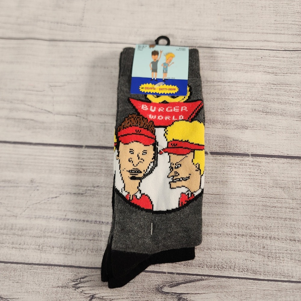 MTV Beavis and Butt-Head Burger World Mens Crew Socks Gray Black New